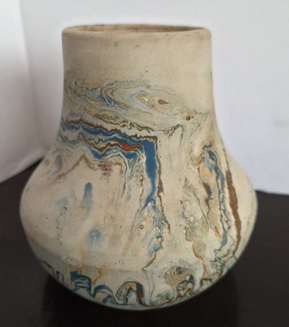 Nemadji Pottery Vase 5 inch Matte Color Swirl Vase Made In USA Blue Brown